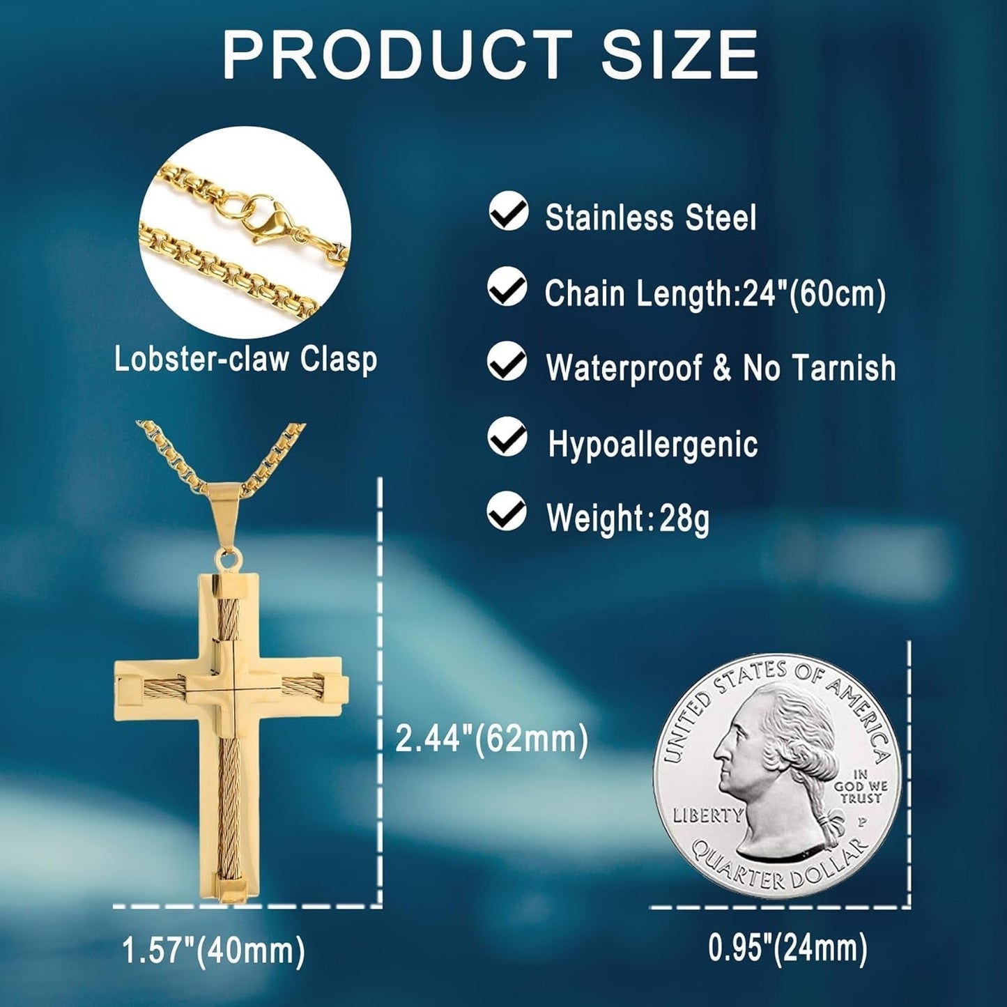 Men'S Cross Necklace 316L Stainless Steel Large Jesus Christ Pendant Jewelry Rolo Chain for 24″