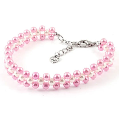 Three Rows Pearl Linked Beads Pet Dog Heart Pendant Puppy Collar Necklace S/M/L Size