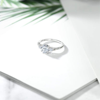 10K White Gold 6MM round Gemstone Birthstone White Created Sapphire & White Diamond Accent 3-Stone Engagement Ring | Three-Stone Wedding Anniversary Promise Ring for Women