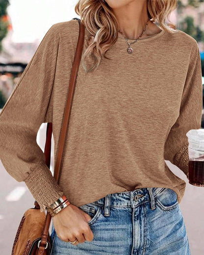 Womens Long Sleeve Tops Fall Outfits 2024 Dressy Casual Crew Neck Tee Shirts Smocked Loose Top Tunic Blouse