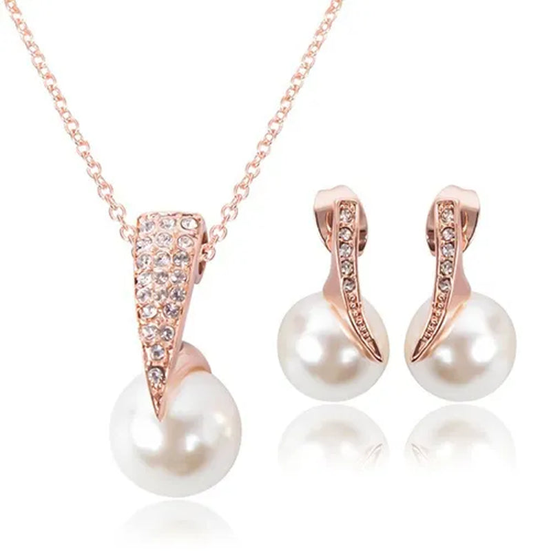 Crystal Wedding Jewelry Set Bride Rose Gold Crystal Faux Pearl Pendant Necklace Earrings