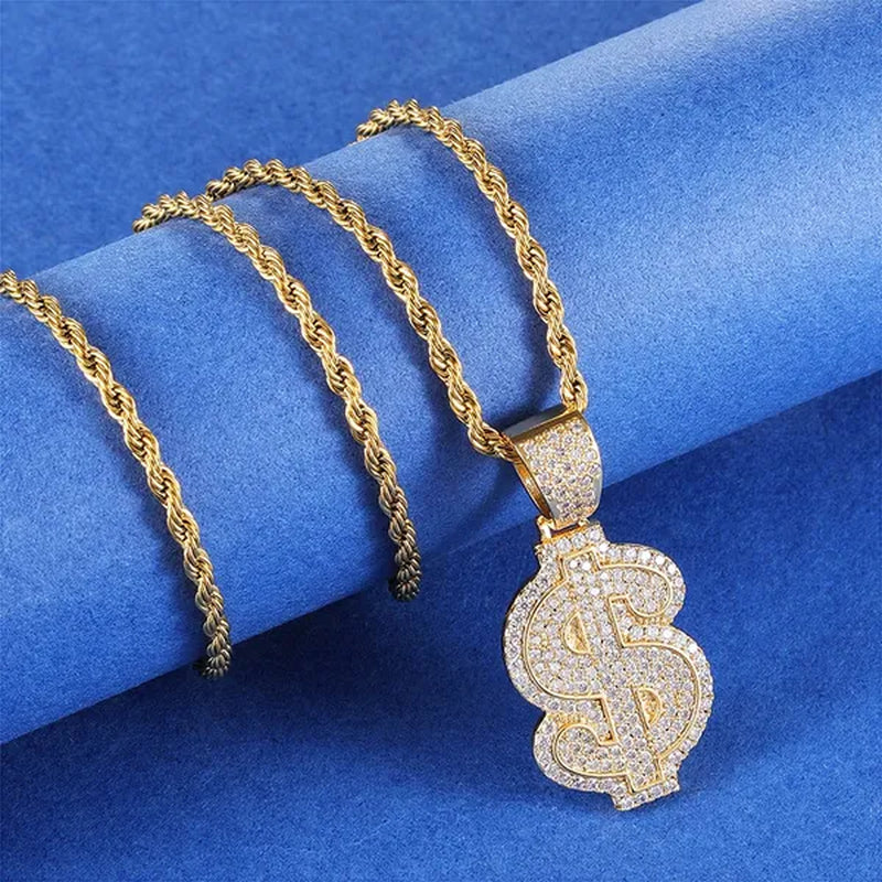 Full Diamonds Heart Shape / US Dollar Symbol Pendant with 24" Rope Chain Necklace Iced Out Brass Jewelry for Man Woman