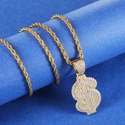 Full Diamonds Heart Shape / US Dollar Symbol Pendant with 24" Rope Chain Necklace Iced Out Brass Jewelry for Man Woman