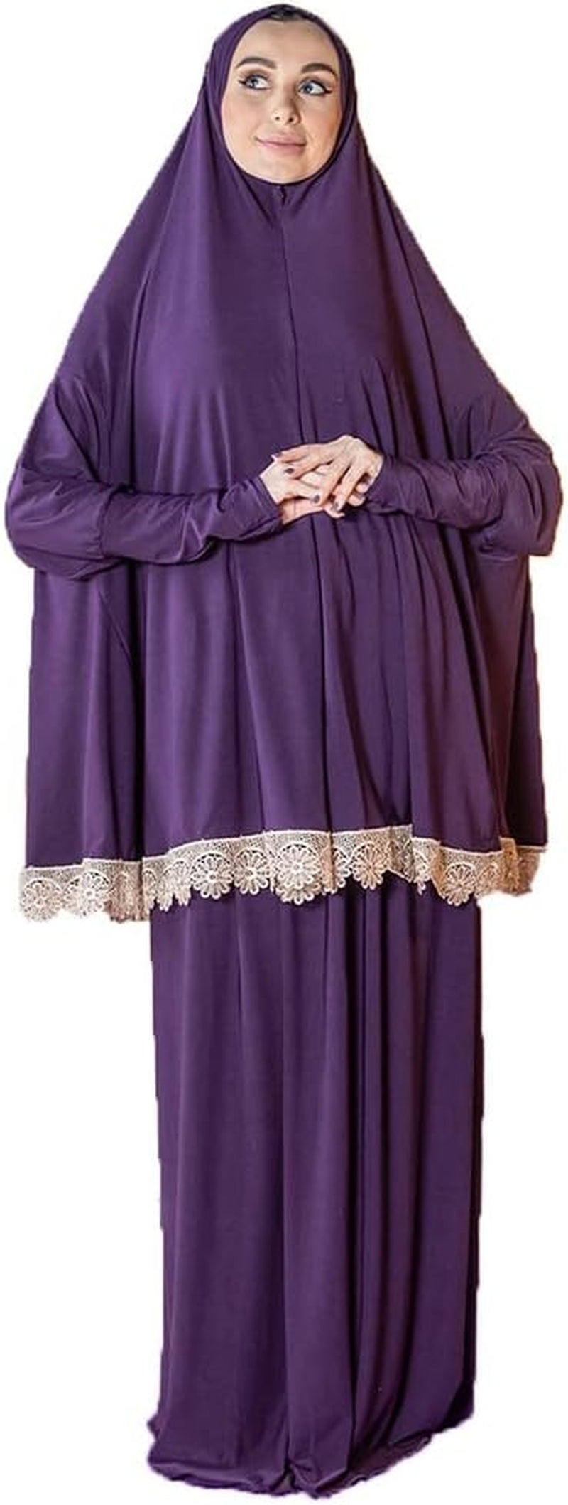 Women'S Prayer Dress 2 Pieces Lycra Solid Color plus Long Sleeve | One-Size | Hijab Abaya Suit