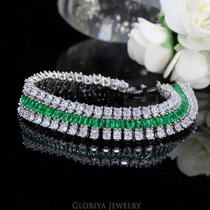 Gloriya Excellent Quality round and Square CZ Zirconia Big Wide Bracelets for Women White and Green 2 Color Bracelets & Bangles