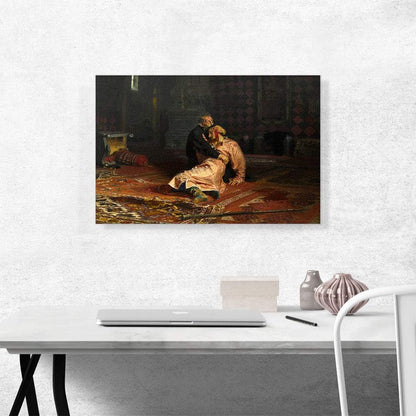 Ivan the Terrible and His Son Ivan 1885 Canvas Art Print Stretched Framed Painting Picture Poster Giclee Wall Decor by Ilya Repin - 26" X 18" (0.75" Deep) - WORLD TIME VISITS
