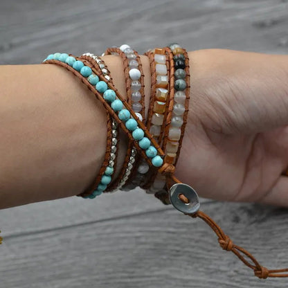 Vintage Boho Handmade Turquoise Charm Natural Stone Beads Bracelets Adjustable Wrap Leather Bracelet Jewelry
