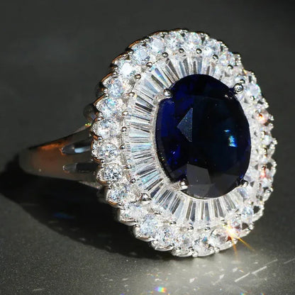 Elegant  Silver Sapphire & White Sapphire Birthstone Gemstones Engagement Wedding Anniversary Ring Size 6 7 8 9 10