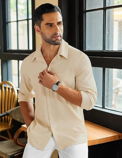 Men'S Long Sleeve Buttons down Shirts Casual Button up Shirts Beach Linen Shirt Untucked Dress Shirt Khaki