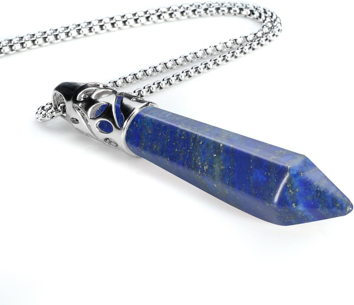Healing Crystal Necklace for Women Men Synthetic Lapis Lazuli Crystal Pendant Energy Healing Gemstones Jewelry Pendulum Crystal Divination (Hexagonal, 18 Inches Stainless Steel Chain)