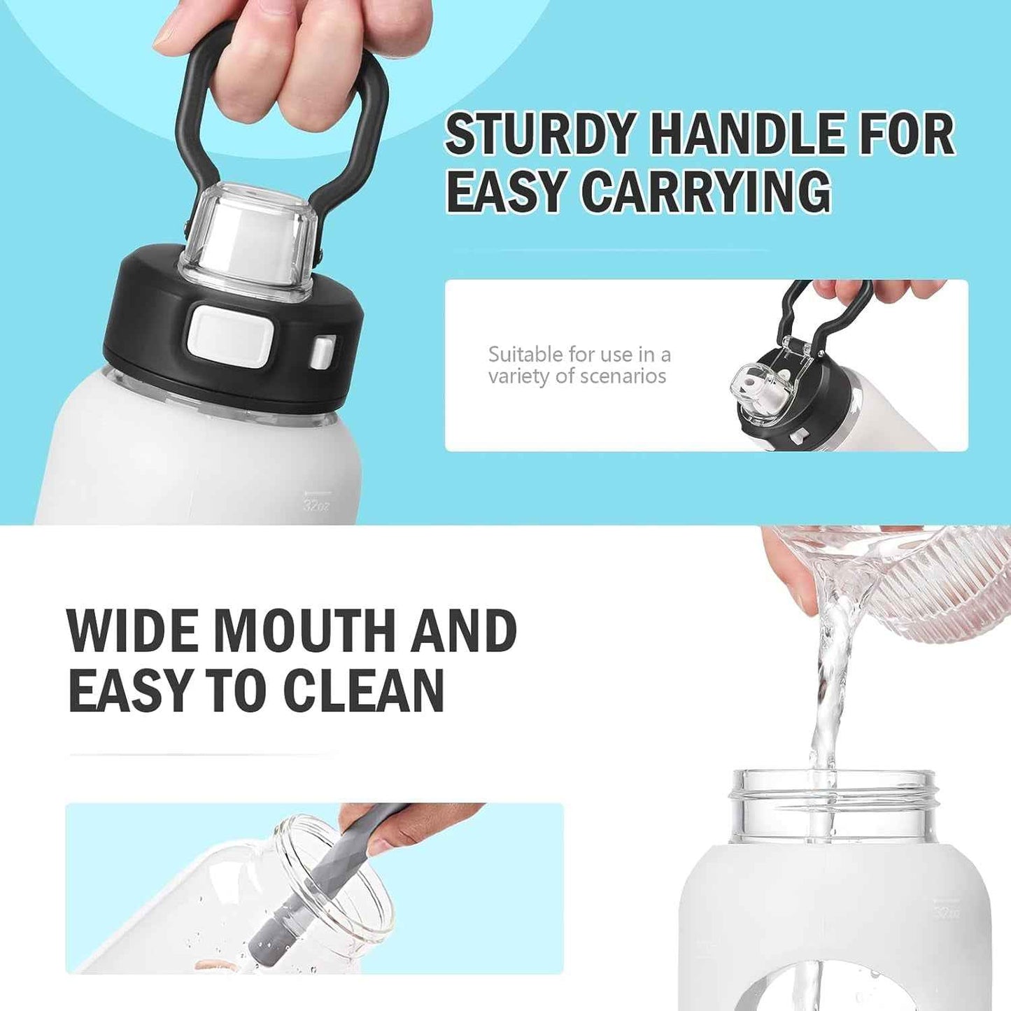 Water Bottle with Straw and Carry Handle, Glass Water Bottle 24 Oz Leak Proof Locking Lid with Soft Silicone Spout, Small Clear Water Bottle, Travel Sports Water Jug, Time Marker, White