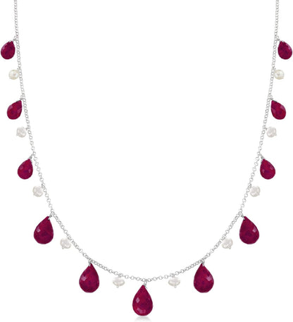 Gemstone and 4-5Mm Cultured Pearl Drop Necklace in Sterling Silver - WORLD TIME VISITS
