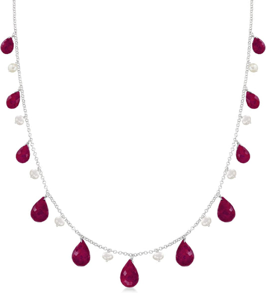 Gemstone and 4-5Mm Cultured Pearl Drop Necklace in Sterling Silver - WORLD TIME VISITS