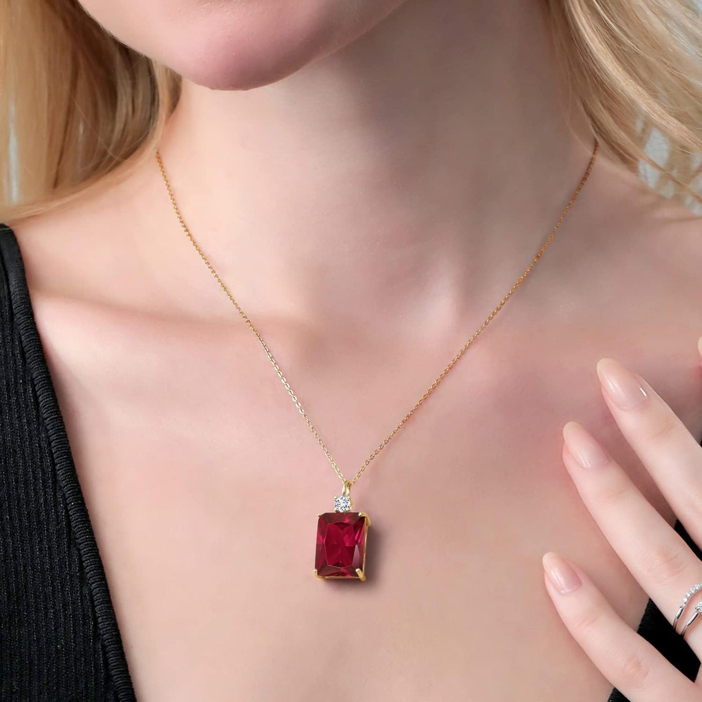 20.27 Cttw Red Created Ruby and White Lab Grown Diamond Pendant Necklace for Women in 18K Yellow Gold Plated Silver | Emerald Cut 18X13MM | with 18 Inch Silver Chain