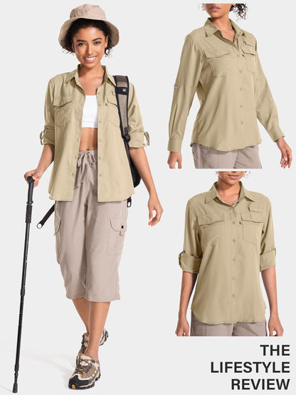 Women'S UPF 50 UV Sun Protection Long Sleeve Safari Shirts Quick Dry Hiking Travel Fishing Outdoor Cool Shirts