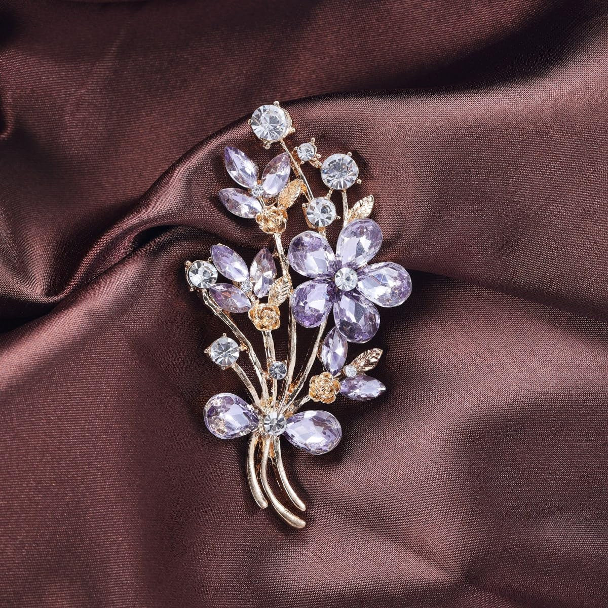 Red Colour Zircon Crystal Poppy Flower Bouquet Shape Brooch Pins for Woman Gift
