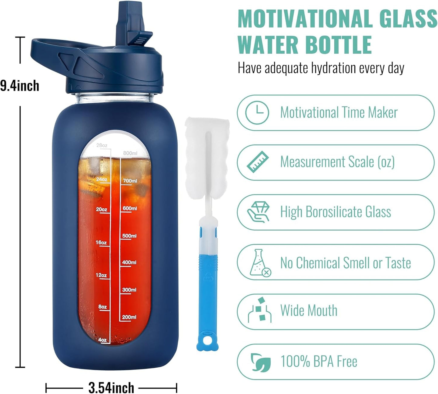 32 Oz Glass Water Bottle with Straw and Handle, Large Sports Motivational Water Bottle Flask with Time Marker and 2 Lids, Leakproof Water Jug Canteen with Silicone Sleeve for Gym,Navy