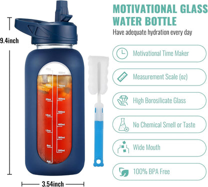 32 Oz Glass Water Bottle with Straw and Handle, Large Sports Motivational Water Bottle Flask with Time Marker and 2 Lids, Leakproof Water Jug Canteen with Silicone Sleeve for Gym,Navy
