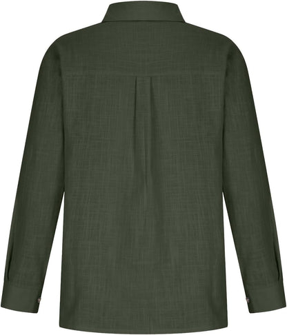 Women Cotton Linen Summer Tops Button down Shirts Dressy Causal Long Sleeve Gauze Blouses Trendy Boho Clothes 2024 Linen Shirt Women Army Green XL