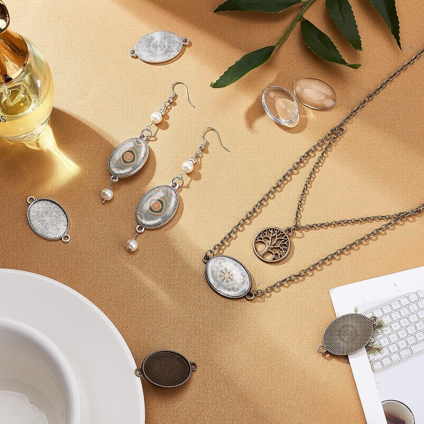 24Pcs Double Holes Photo Charms Connector Pendant Tray Blanks Bezel Cabochon Settings with 24Pcs Glass Cabochon Tiles Memorial Photo Pendant for Bouquet Wedding Graduation Photo Charm