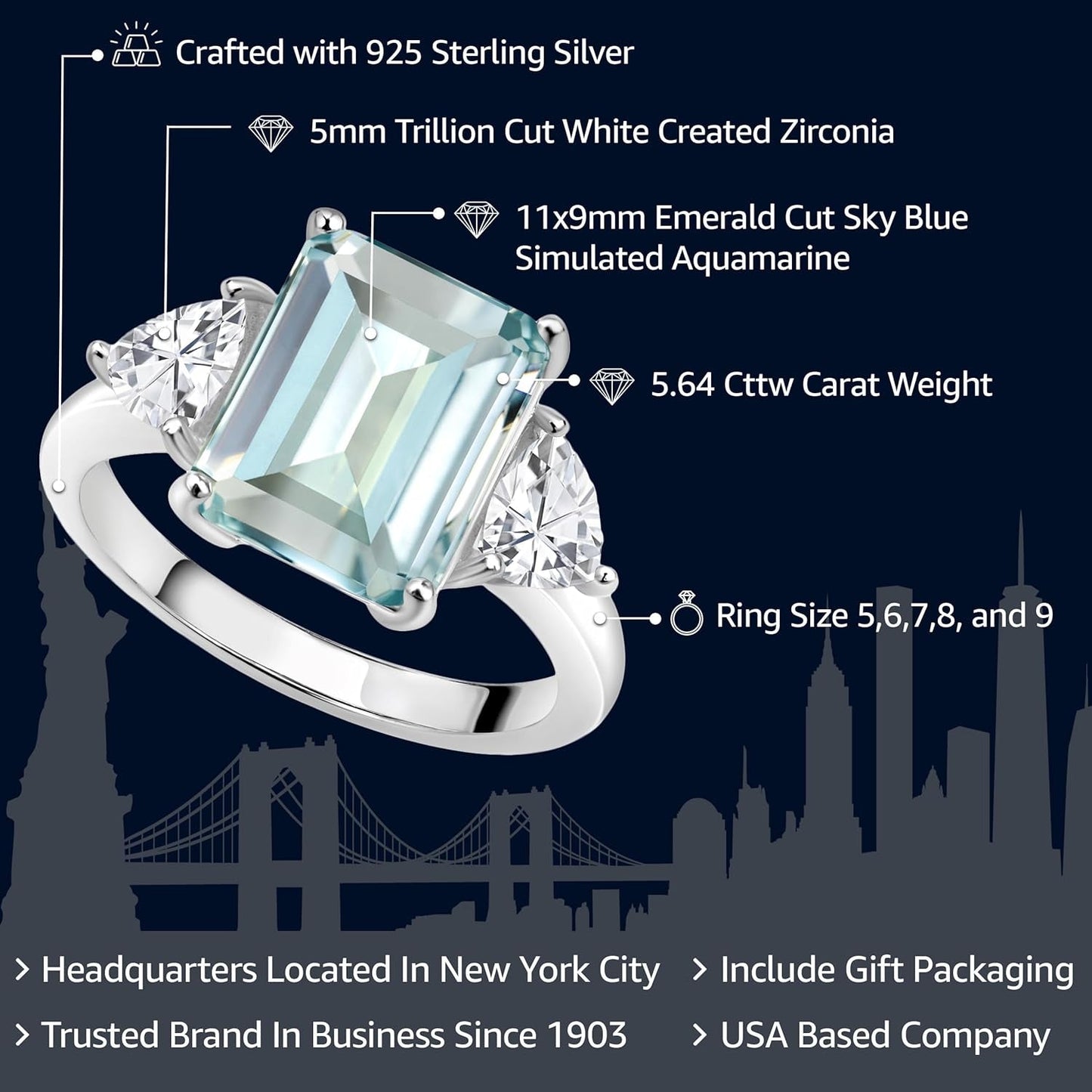 6.95 Cttw Sky Blue Simulated Aquamarine 3 Stone Engagement Ring for Women | 925 Sterling Silver | Emerald Cut 12X10MM | Trillion 5MM | Available in Size 5, 6, 7, 8, 9 - WORLD TIME VISITS