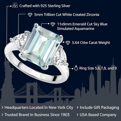6.95 Cttw Sky Blue Simulated Aquamarine 3 Stone Engagement Ring for Women | 925 Sterling Silver | Emerald Cut 12X10MM | Trillion 5MM | Available in Size 5, 6, 7, 8, 9 - WORLD TIME VISITS