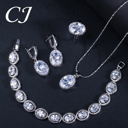 CANDICE European Clear Oval CZ Stone Necklace Earrings Tennis Bracelet Ring for Women Fashionable Sterling Silver Plated Plated Party Jewelry Set