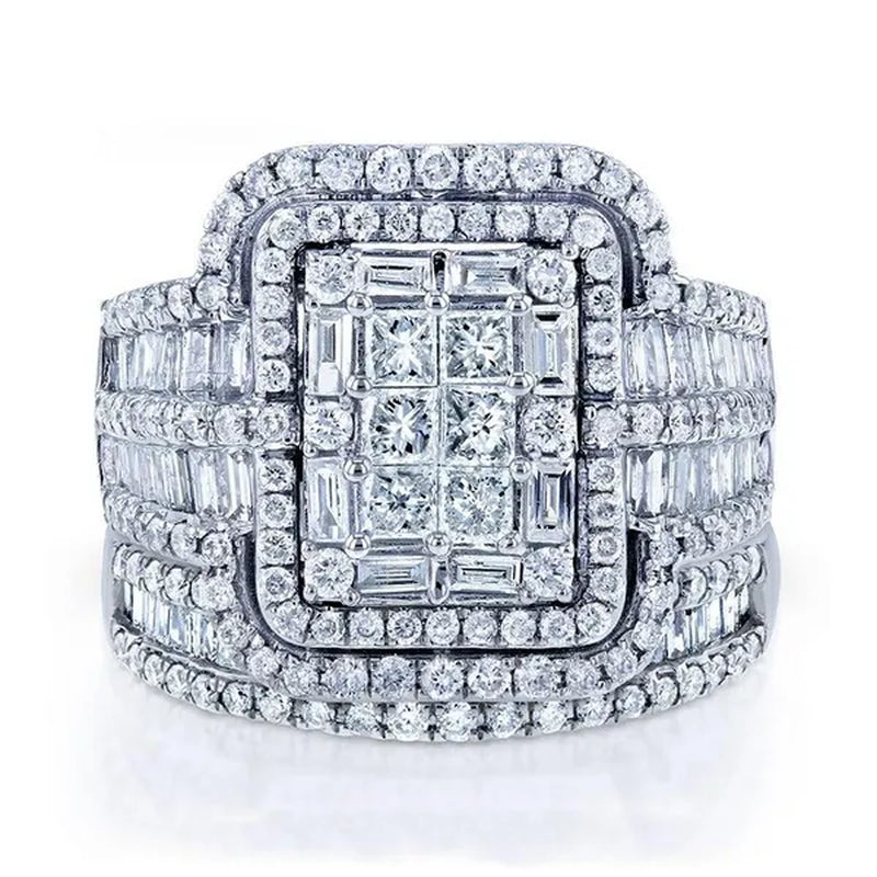 2Pcs Set Wedding Band Rings Set Princess Cut Square Zirconia Diamond Rings for Women Bridal Lover Gifts