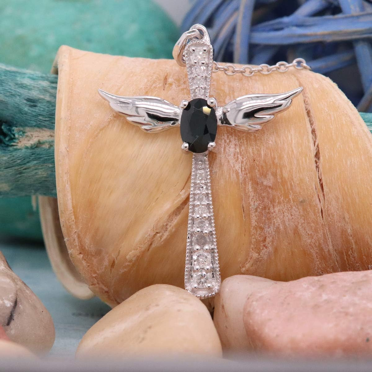 6X4 MM Oval Gemstone & round Diamond Angel Cross Pendant (Silver Chain Included), Sterling Silver - WORLD TIME VISITS