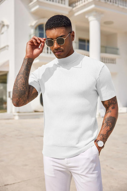 Men'S Mock Turtleneck Sweater Short Sleeve Casual Basic Tops Ribbed Knit Pullover Solid Tee