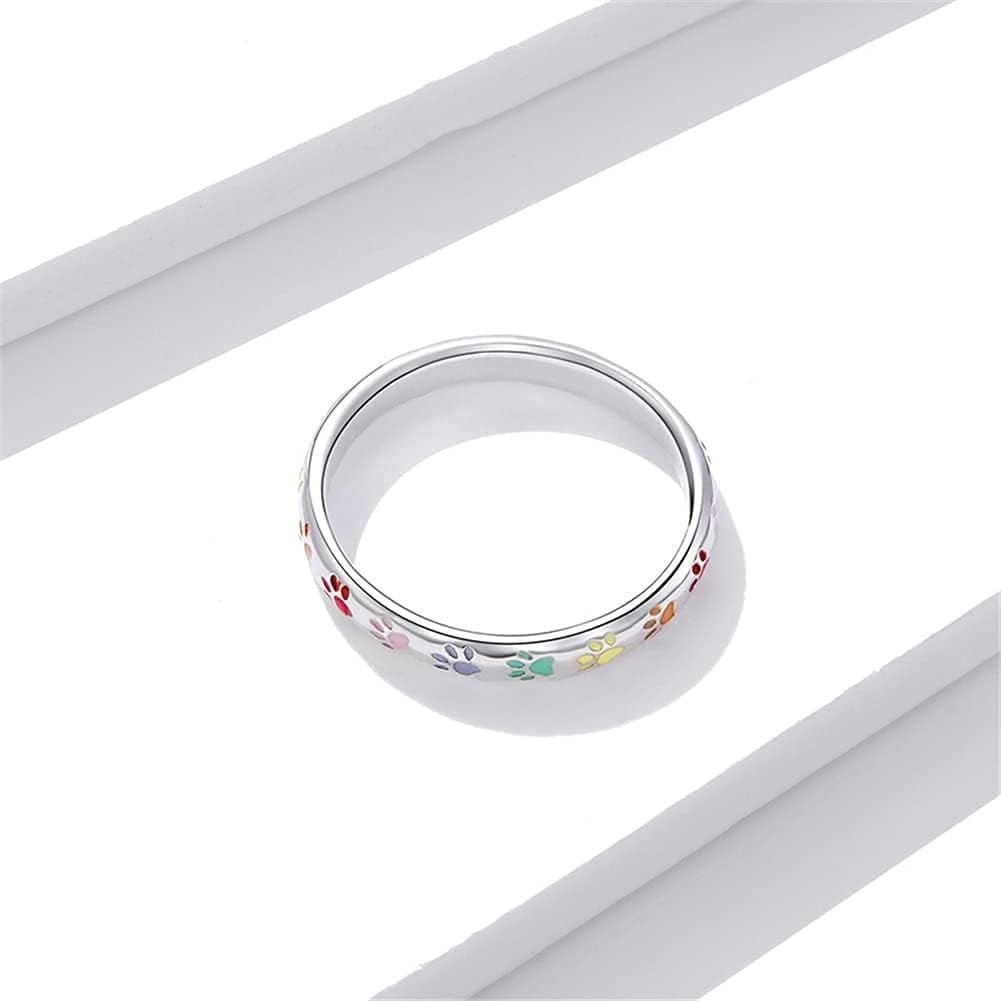 3Mm 3.4Mm Paw Print Ring S925 Sterling Silver Ring Puppy Dog Cat Paw Ring, Multicolor Pet Print Enamel Ring for Women Girls Size 5-10