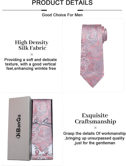 Paisley Ties for Men Silk Necktie and Pocket Square Cufflinks Tie Clip Set Woven Classic Mens Tie for Wedding Party