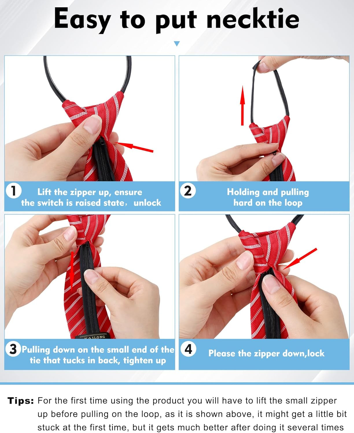8 Pieces Zipper Tie for Men Adjustable Necktie Pre Tied Clip on Men