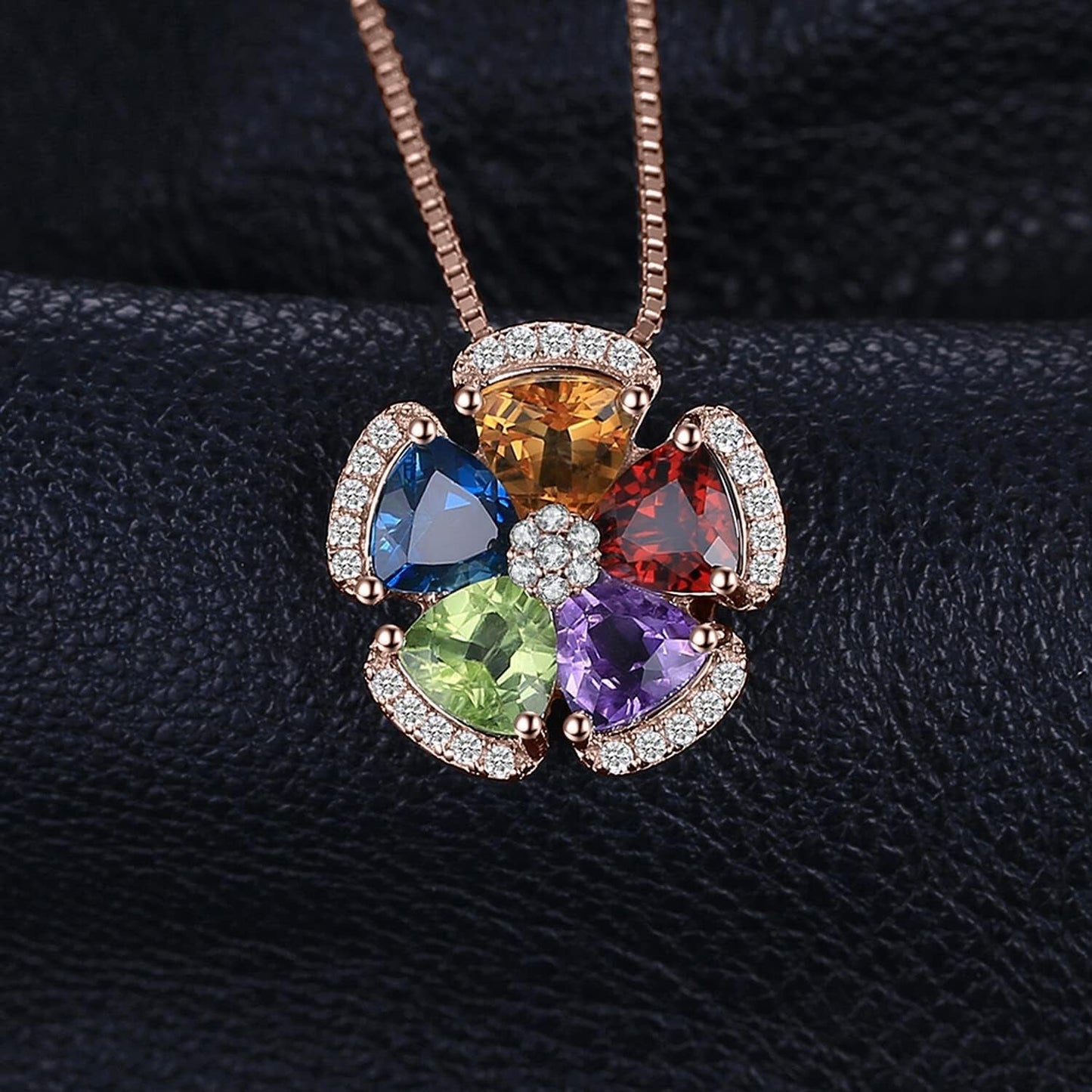 Multicolor Flower 2.6Ct Genuine Amethyst Citrine Garnet Peridot Blue Topaz Pendant Necklaces for Women, 925 Sterling Silver Natural Gemstones Jewelry Sets 18 Inches Chain