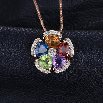 Multicolor Flower 2.6Ct Genuine Amethyst Citrine Garnet Peridot Blue Topaz Pendant Necklaces for Women, 925 Sterling Silver Natural Gemstones Jewelry Sets 18 Inches Chain