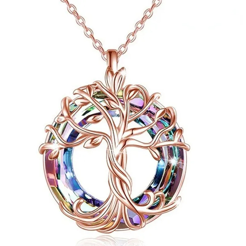 Exquisite Fashion Women'S Life Tree Necklace round Crystal Pendant Engagement Necklaces for Women Life Tree Jewelry Birthday Anniversary Gift