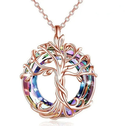Exquisite Fashion Women'S Life Tree Necklace round Crystal Pendant Engagement Necklaces for Women Life Tree Jewelry Birthday Anniversary Gift