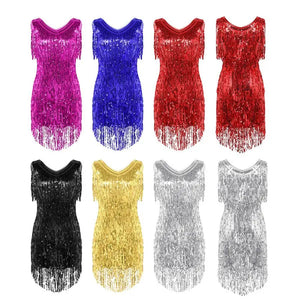 Womens V Neck Sleeveless Sparkling Sequin Tassels Ballroom Samba Tango Latin Dance Dress Stage Performance Costumes