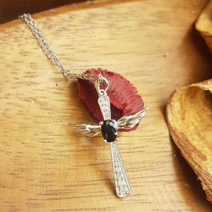 6X4 MM Oval Gemstone & round Diamond Angel Cross Pendant (Silver Chain Included), Sterling Silver
