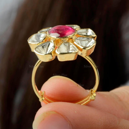 Solid 18K Yellow Gold Genuine Cabochon Ruby and Diamond Polki Ring Traditional Jewelry