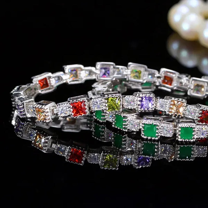 Gloriya Fashion Silver Color Elegant Charm Bangle Jewelry for Prom Women Simple Trendy Green CZ Crystal Square Tennis Bracelets