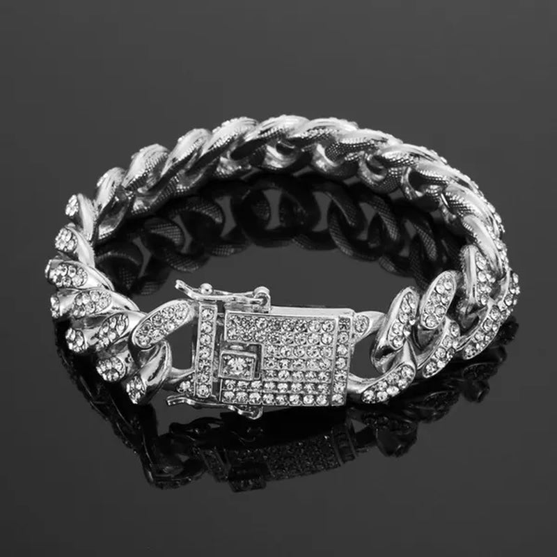 Men's Hip Hop Iced Out Paved Rhinestones 13MM Gold/Silver/Rose Gold Full Miami Curb Cuban Chain Bling Necklace Bracelet Set Jewelry Gifts