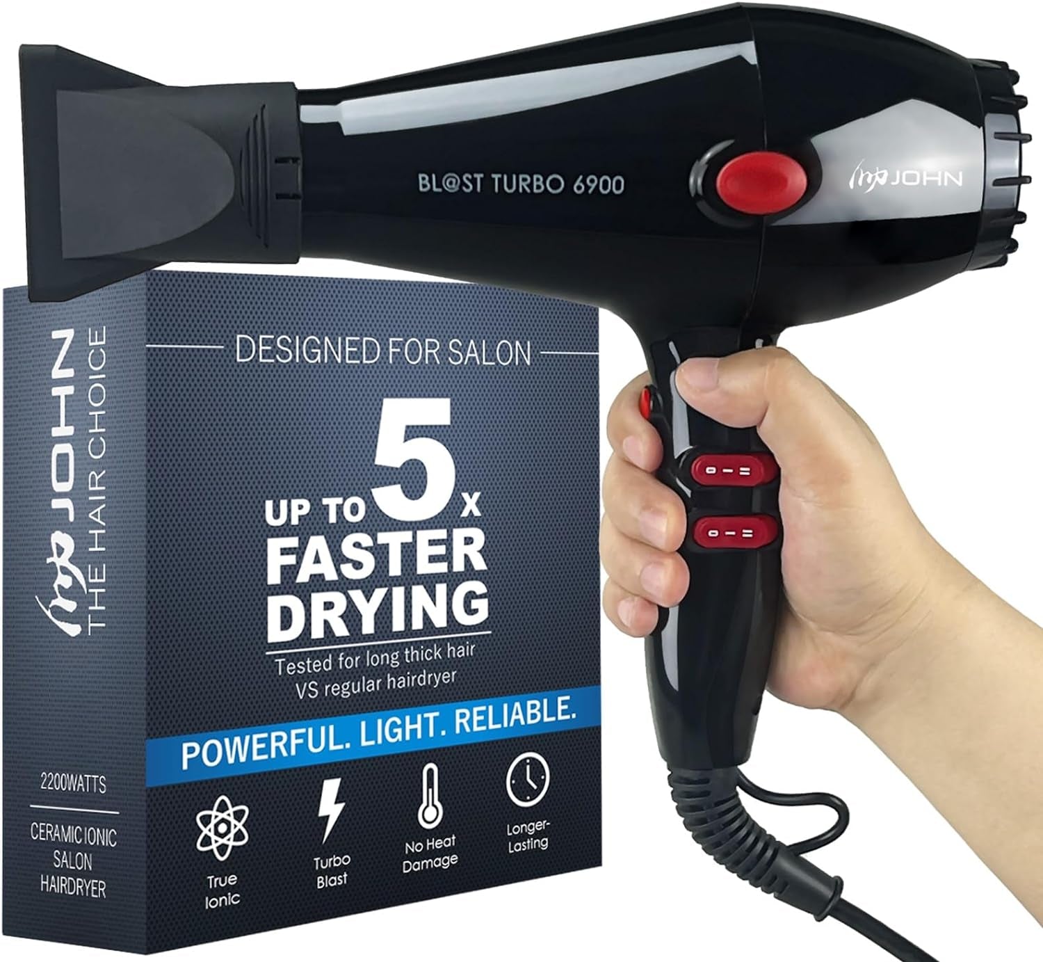 Super Fast Drying Hair Dryer, Ionic 2200W Professional Salon Blow Dryer, 2 Concentrator Nozzles, Blast Turbo 6900, Black - WORLD TIME VISITS