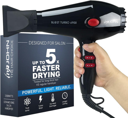 Super Fast Drying Hair Dryer, Ionic 2200W Professional Salon Blow Dryer, 2 Concentrator Nozzles, Blast Turbo 6900, Black - WORLD TIME VISITS