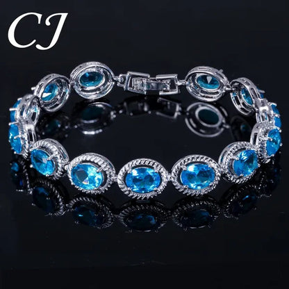 CANDICE Luxury Quality Oval Blue Crystal Women Strand Bracelet Bangles Setting Stylish Silver Plating CZ Hand Jewelry for Lady Anniversary Birthday Gifts