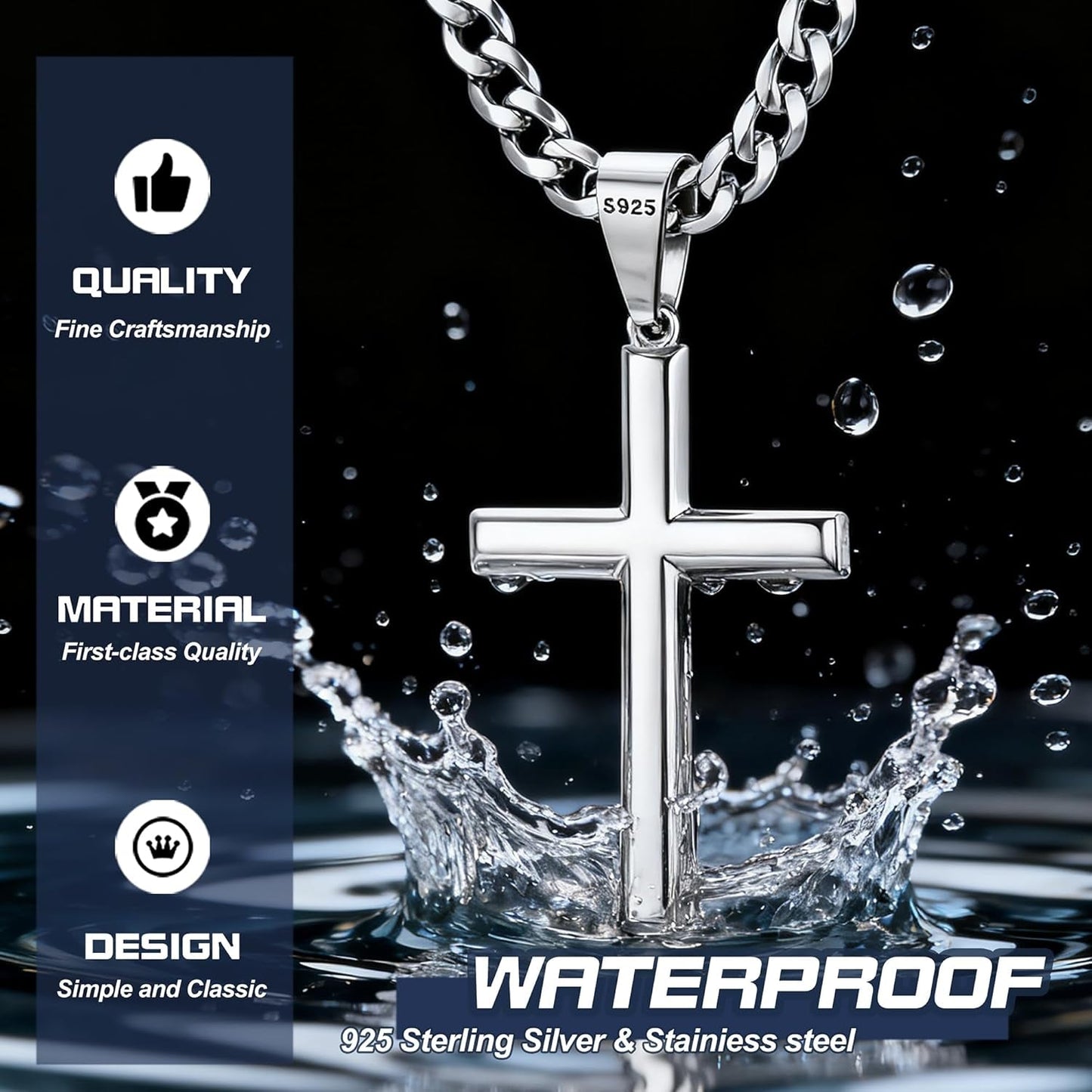 925 Sterling Silver Cross Necklace Beveled Edge for Men Women 5Mm Stainless Steel Non Tarnish Durable Cuban Link Curb Chain Crucifix Pendant Necklace Jewelry 16-30 Inches Christian Baptism Gifts
