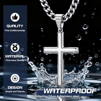 925 Sterling Silver Cross Necklace Beveled Edge for Men Women 5Mm Stainless Steel Non Tarnish Durable Cuban Link Curb Chain Crucifix Pendant Necklace Jewelry 16-30 Inches Christian Baptism Gifts