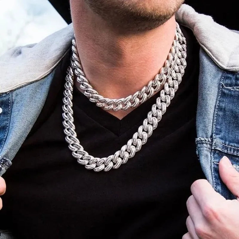 1pc Iced Out Bling Rhinestone Crystal Gold Finish Miami Cuban Link Chain Diamond Gold/925 Silver Men's Hip Hop Necklace or Bracelet Jewelry 8/20/24/28 Inch