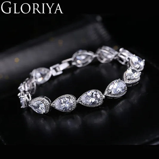 Gloriya Fashion Brand Dazzling Wedding Jewelry for Luxury Pear Cut CZ Zirconia Setting White Gold Plated Woman Party Bracelets Bangles（Size :18 Cm + 3 Cm）