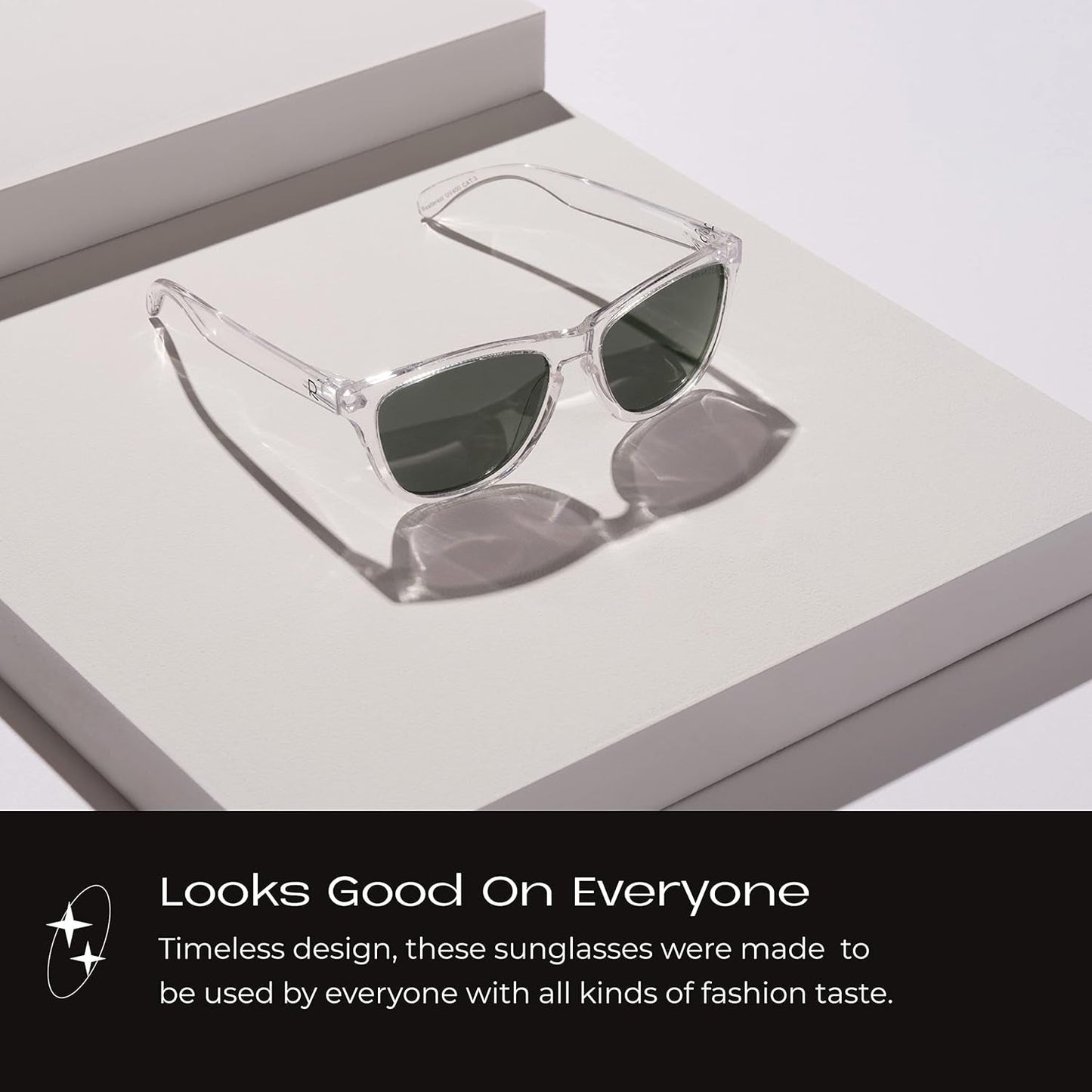 Polarized Sunglasses, Premium Square Sunglasses with Clear Frame and Grey Shades, Full UV 400 Protection for Men and Women